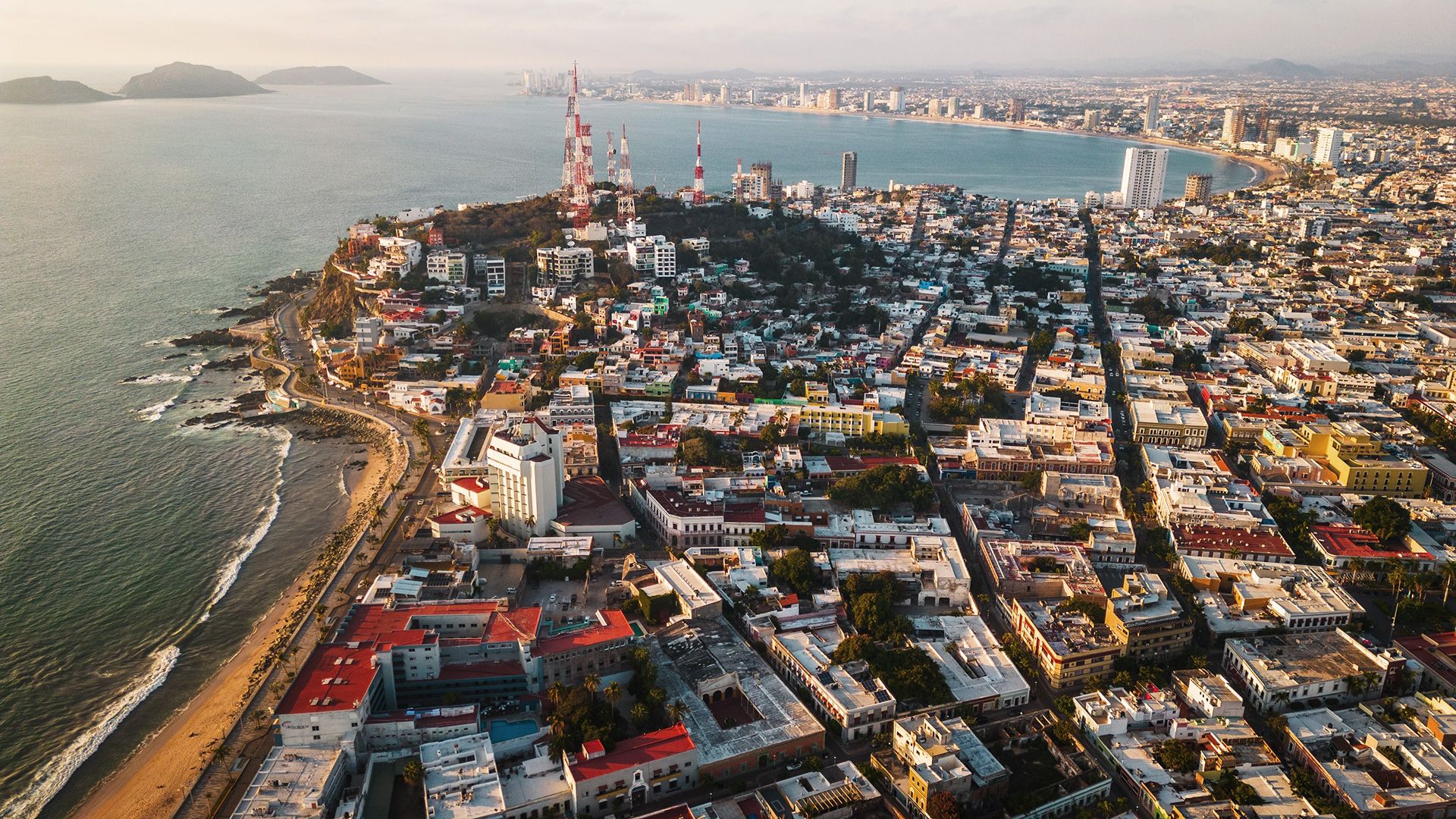 Aerial view of Mazatlán, Mexico's coastline and cityscape