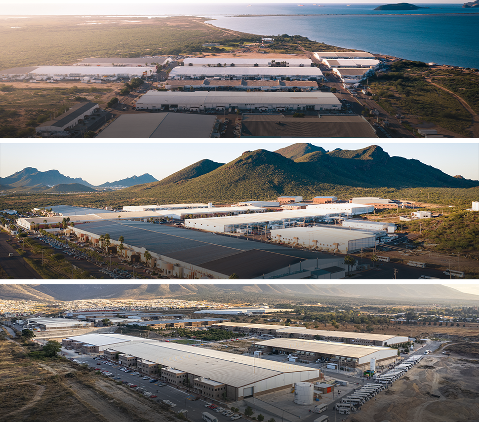 Aerial view of Tetakawi’s manufacturing communities in Empalme, Guaymas, and Saltillo, showcasing scalable industrial facilities and infrastructure.