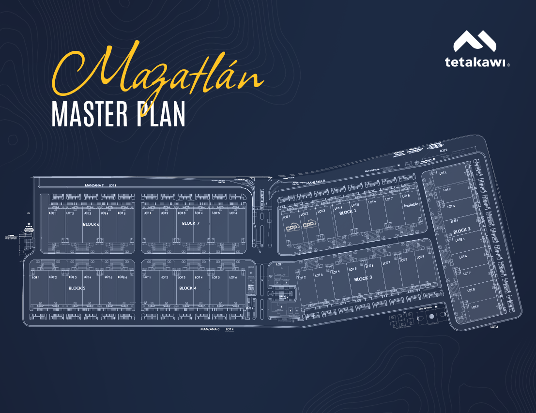 Blueprint of Tetakawi’s Mazatlán manufacturing community, showing industrial park layout and available spaces.